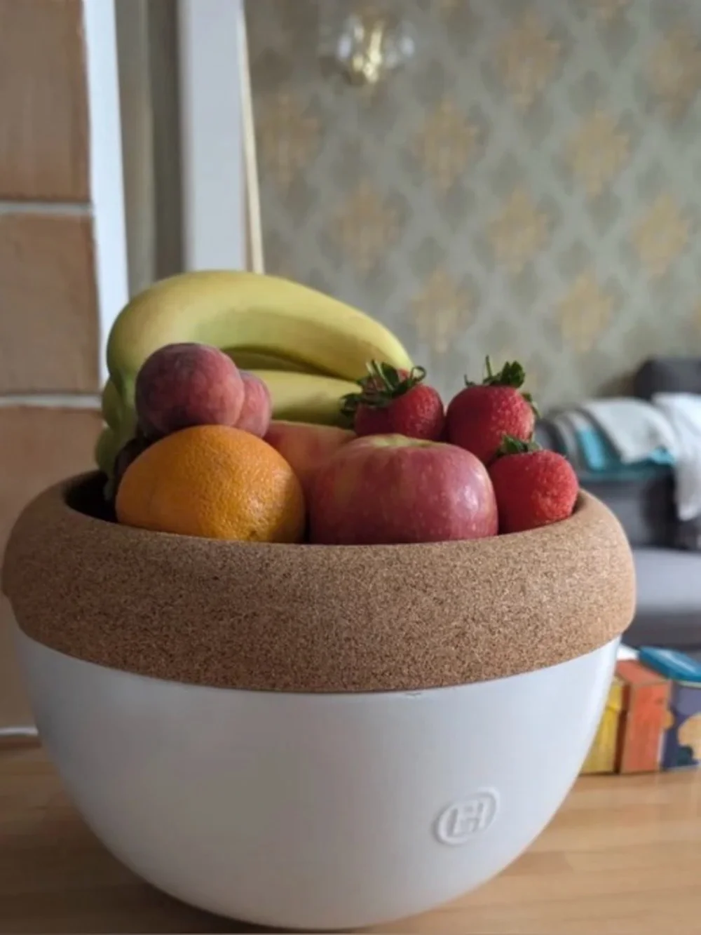 Emile Henry Ceramic Deep Storage Bowl w/cork lid, handcrafted in France. Bisque